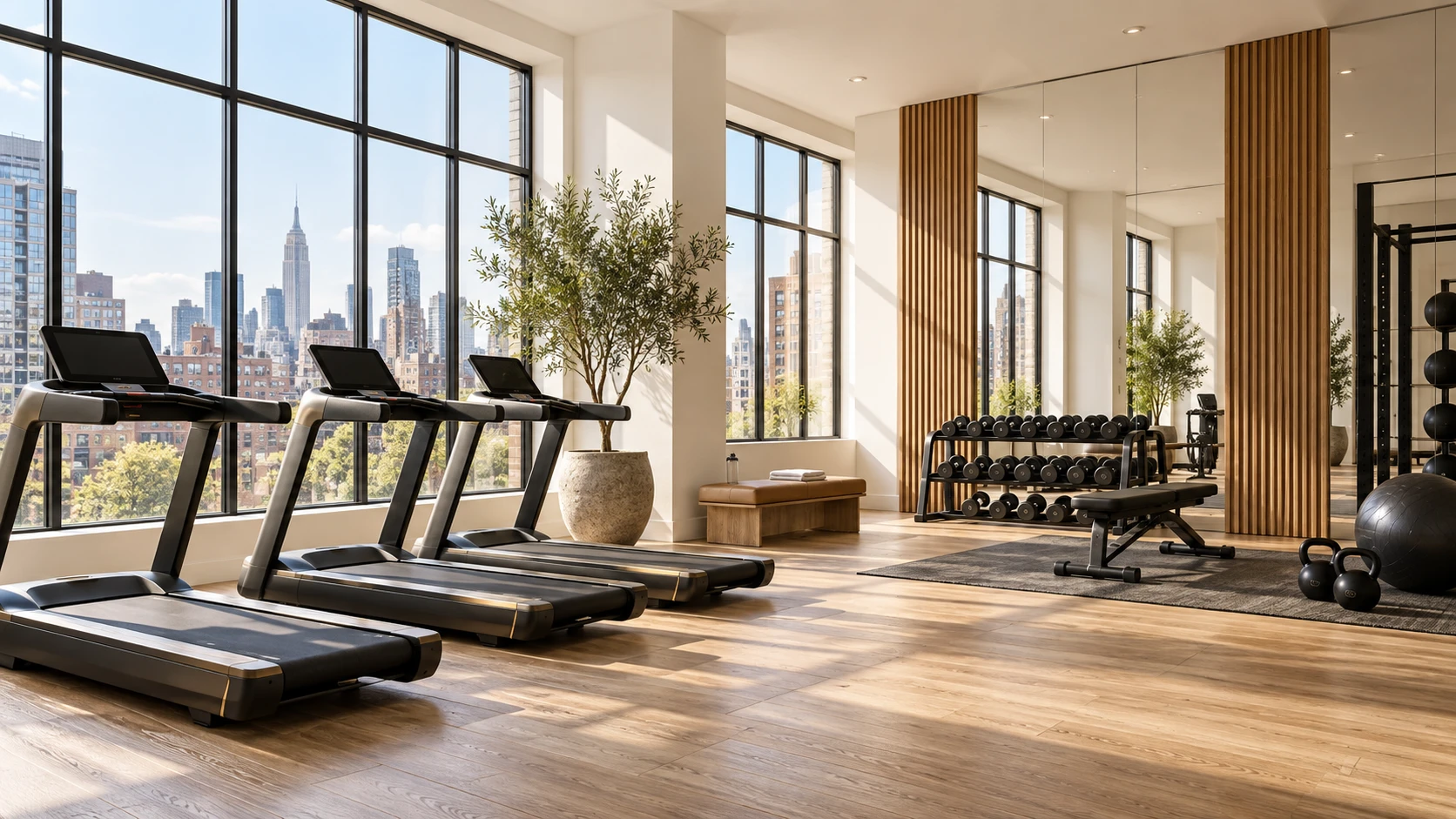 Concept rendering of a bright apartment-building fitness room