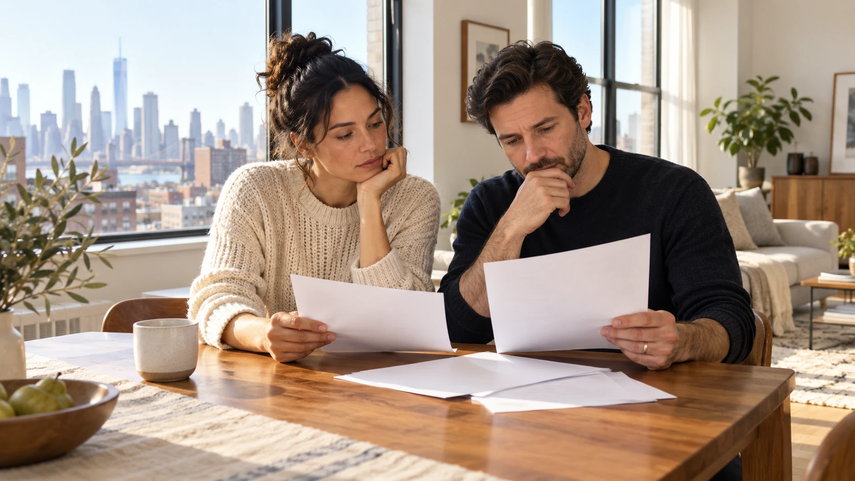 Two prospective home buyers reviewing financial paperwork at a table