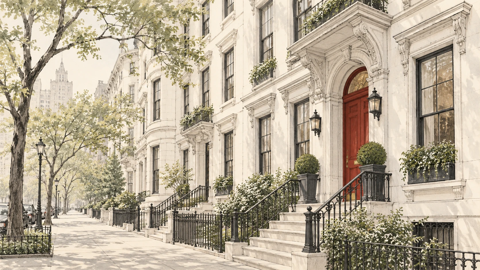 Conceptual architectural illustration of New York apartment buildings